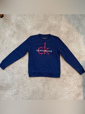 Calvin Klein Jeans Navy Sweatshirt with Red CK Logo Women's Small
